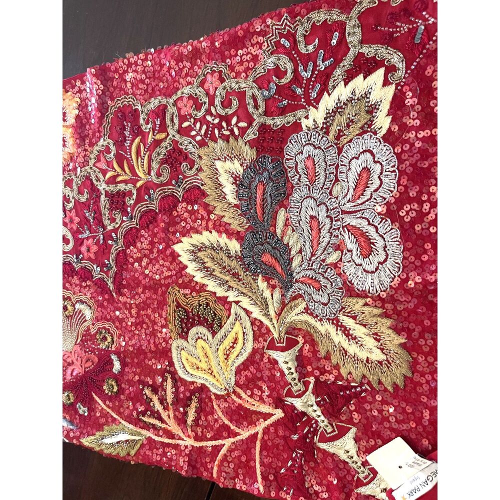 Vintage Megan Park England Floral Embroidered 100% Silk Scarf Red Beaded Shawl - Picture 10 of 11